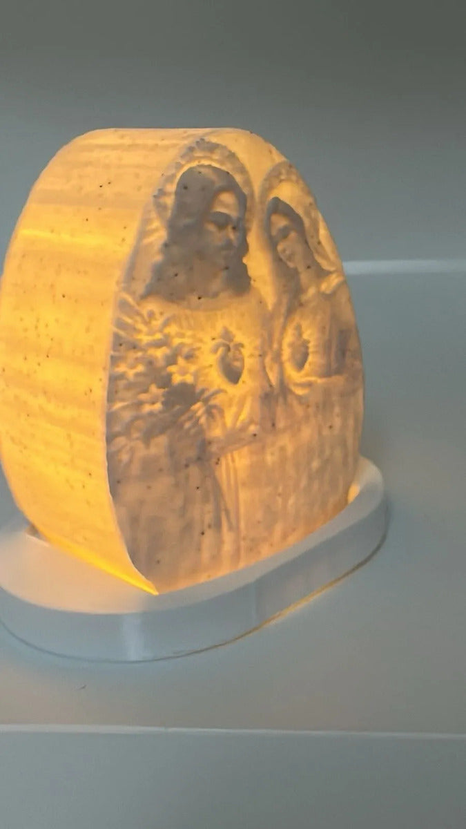 Luminária Sagrado Coração De Jesus E Maria 3d Led Luz Quente