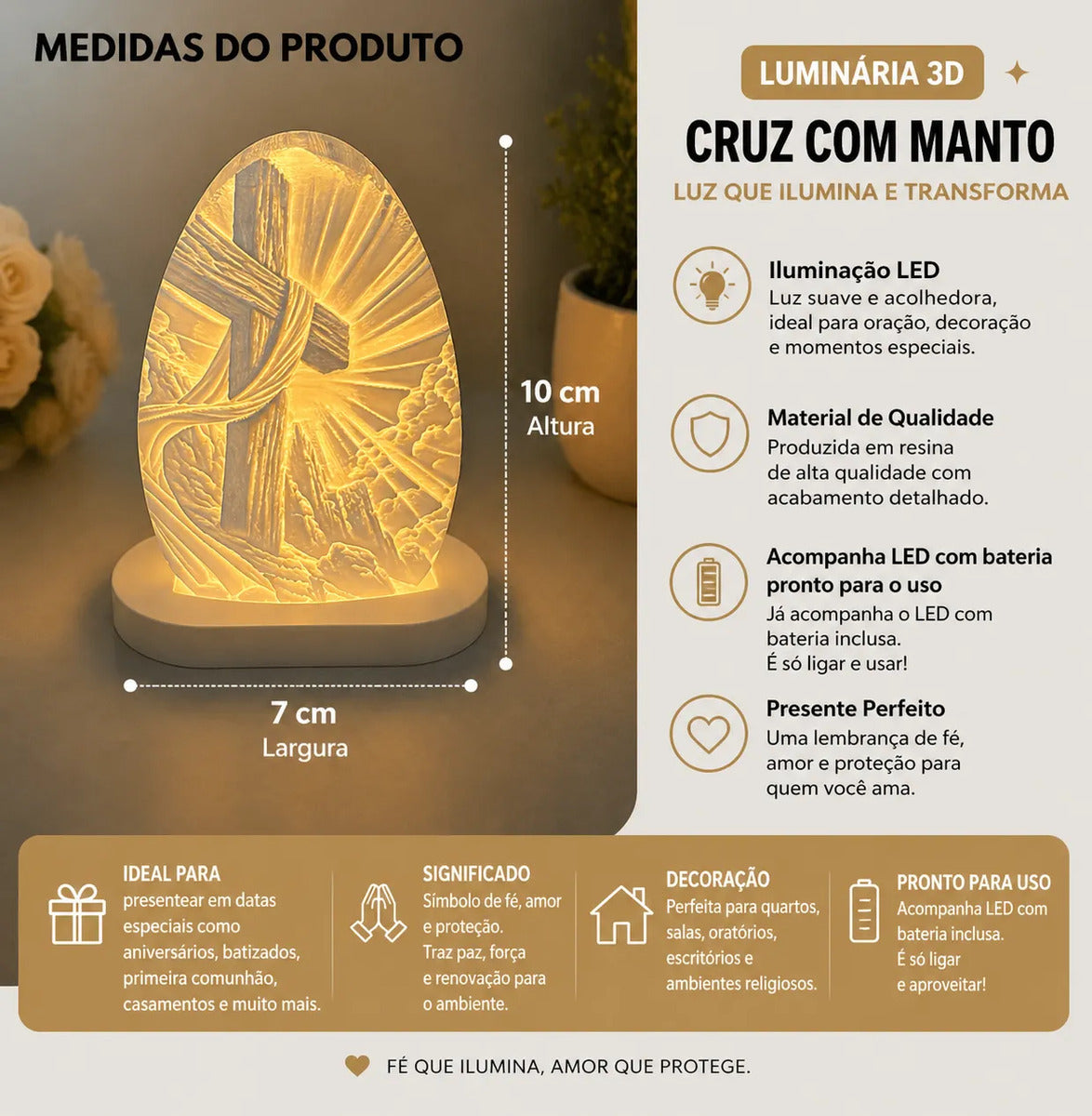 Luminária Cruz Com Manto 3d Led Luz Quente Decoração