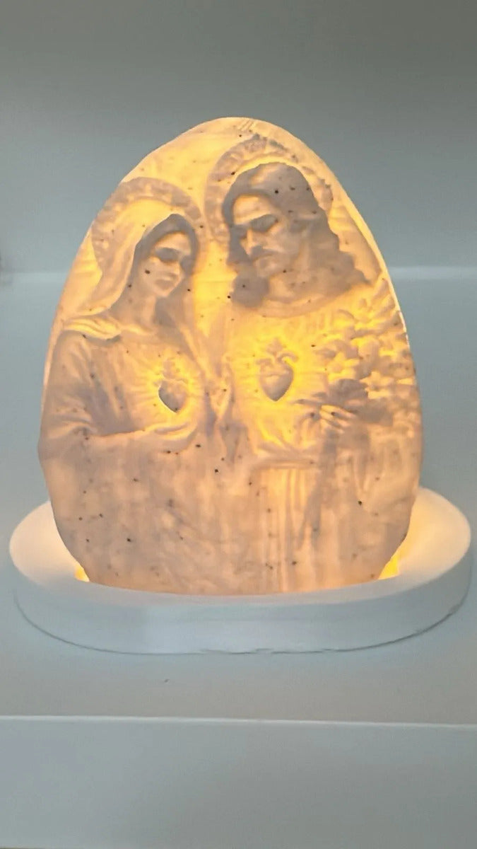 Luminária Sagrado Coração De Jesus E Maria 3d Led Luz Quente