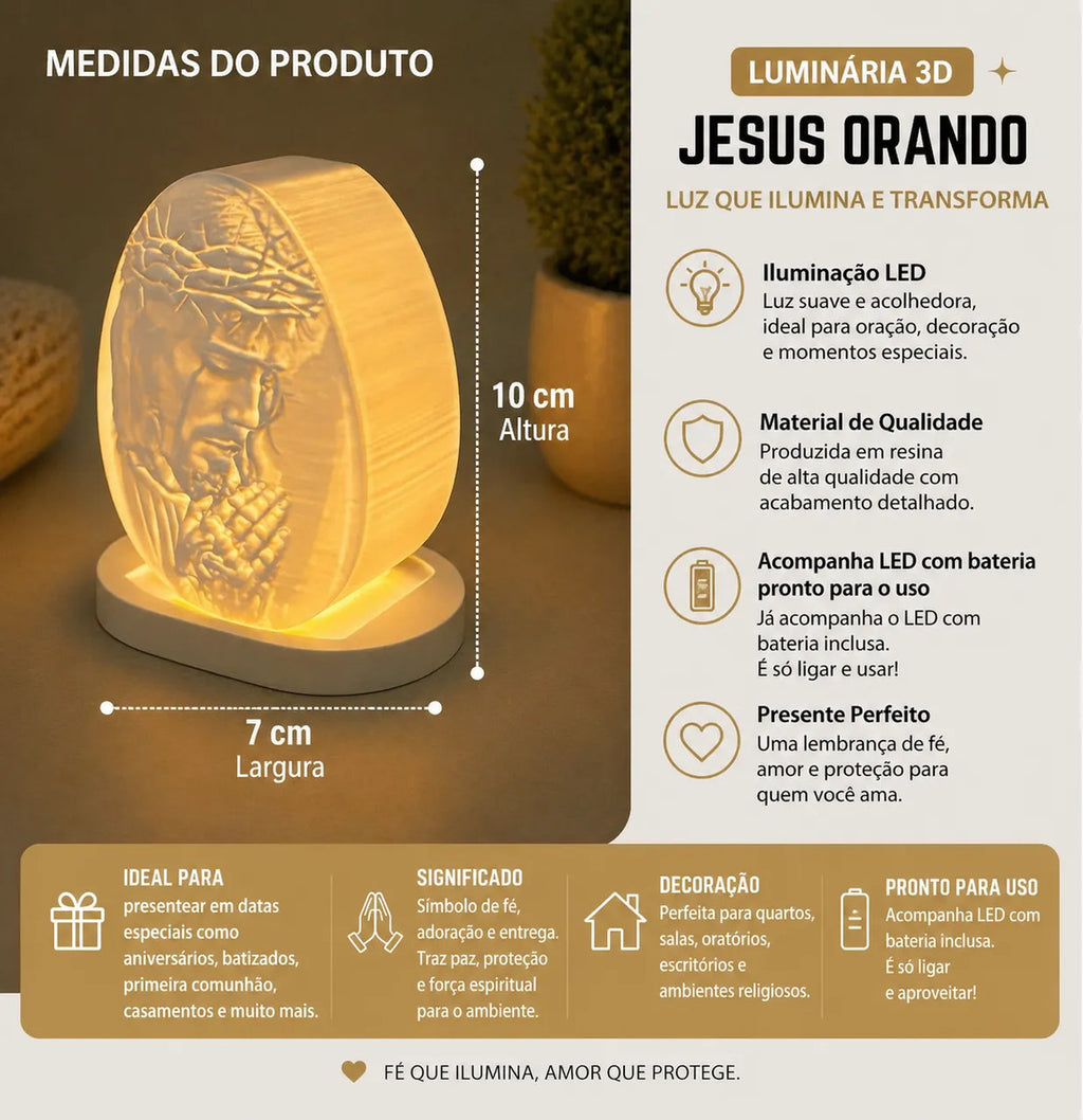 Luminária Jesus Cristo 3d Led Luz Quente Decoração Religiosa