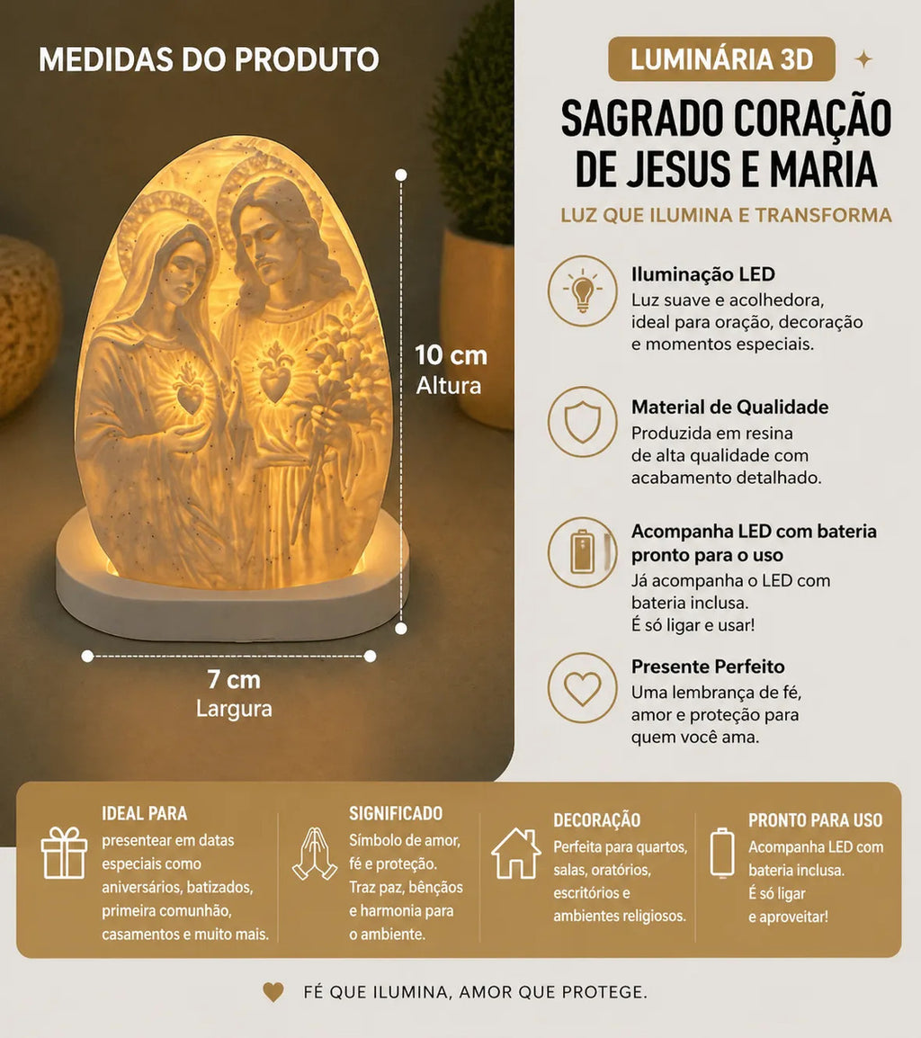 Luminária Sagrado Coração De Jesus E Maria 3d Led Luz Quente