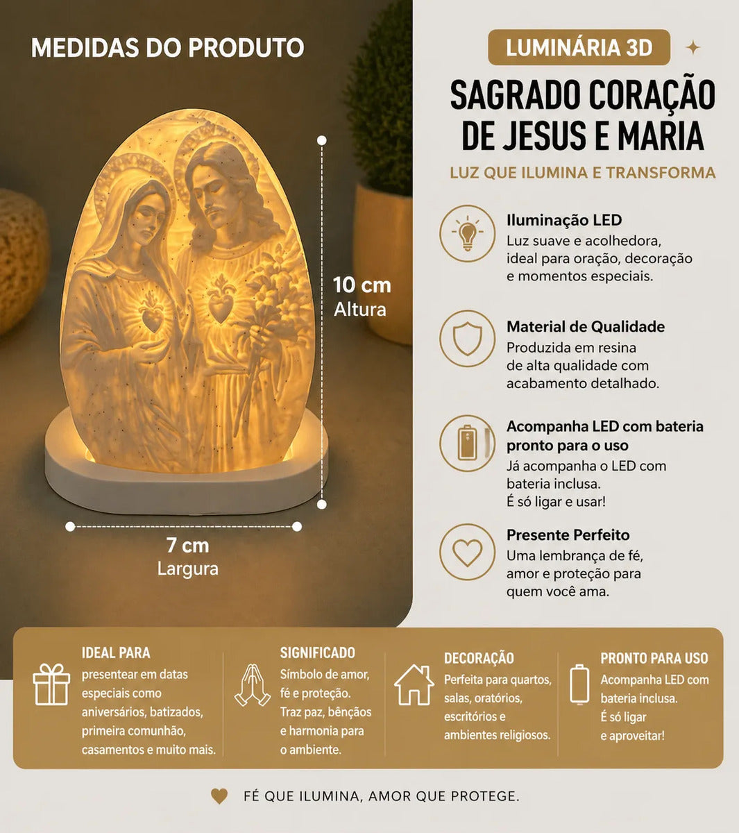 Luminária Sagrado Coração De Jesus E Maria 3d Led Luz Quente