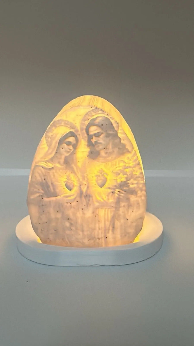Luminária Sagrado Coração De Jesus E Maria 3d Led Luz Quente