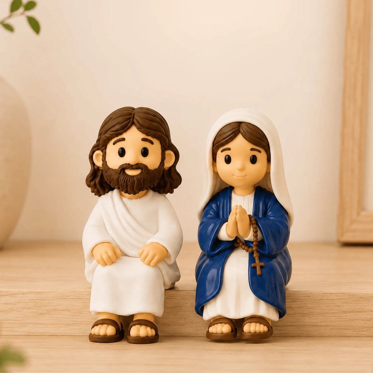 Kit Mini Jesus e Maria Sentados 5 cm para Decoração de Mesa