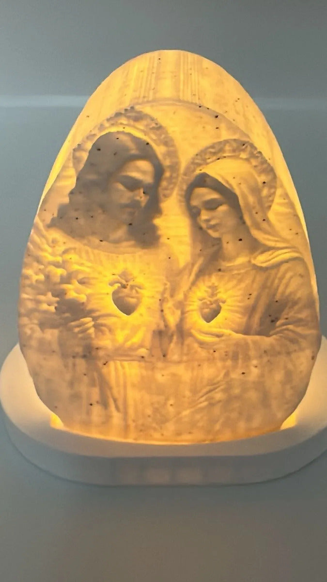 Luminária Sagrado Coração De Jesus E Maria 3d Led Luz Quente