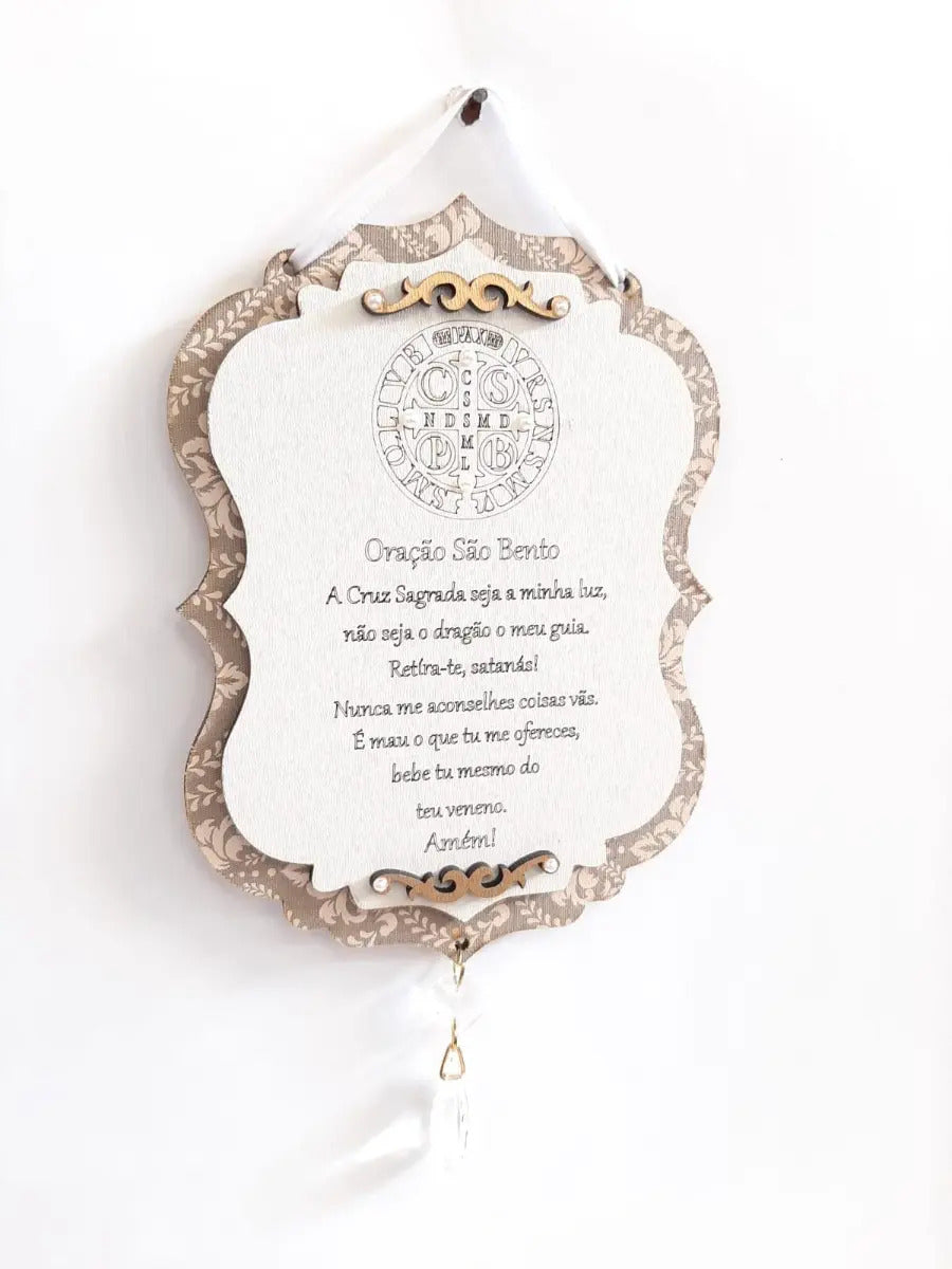Placa Decorativa Oração de São Bento em MDF Branco e Dourado