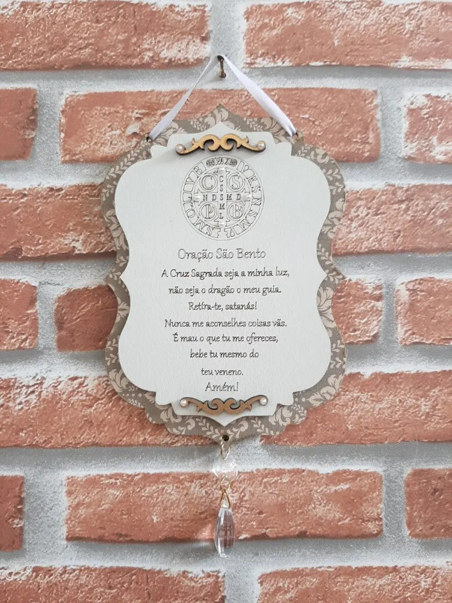Placa Decorativa Oração de São Bento em MDF Branco e Dourado
