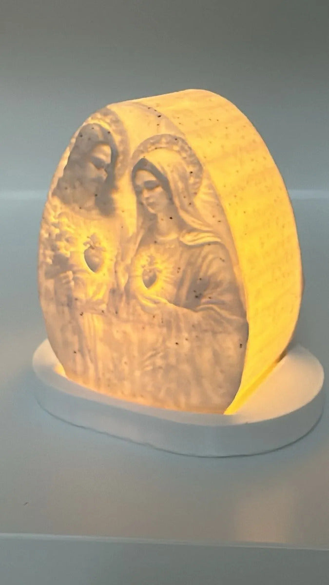 Luminária Sagrado Coração De Jesus E Maria 3d Led Luz Quente