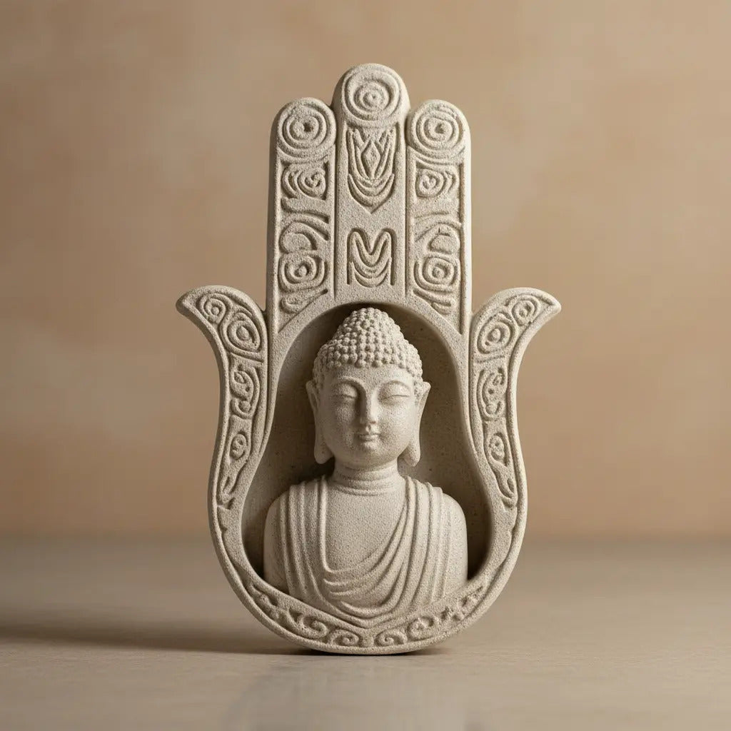 Estátua Mística Mão De Fátima Buda Decoração Zen Proteção